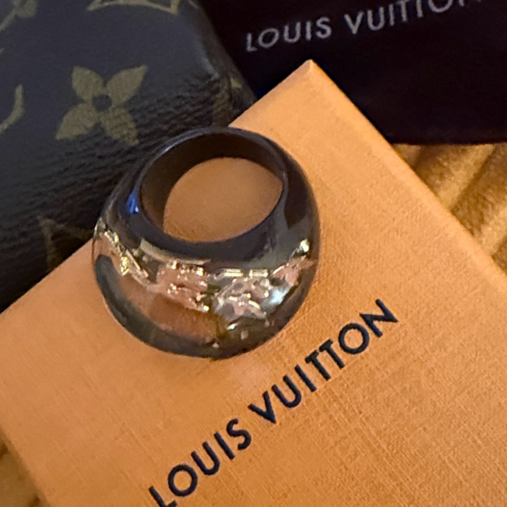 Louis Vuitton Brown and Gold Monogram Inclusion Ring with Pouch and Box.
